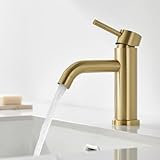 DETBOM Grifo Lavabo, Grifo Monomando Lavabo Agua Fría y Caliente, Grifos para Lavabo de Encimera, Grifos Mezclador de Baño de Acero Inoxidable 304, Aireador Extraíble, Sin Plomo, Oro