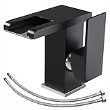 Grifo de cascada LED para lavabo montado en la cubierta del fregadero mezclador frío y caliente para la mayoría de lavabos y fregaderos que se ilumina automáticamente (negro)