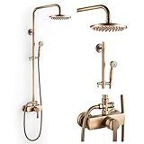 Sistema de ducha con grifo de latón antiguo, juego completo de ducha retro, juego completo de ducha vintage, juego de ducha con ducha de lluvia de 8 pulgadas, cabezal de ducha de mano, altura