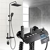 CALISTOUK Columna de Ducha con Grifo Termostatica, 4 Modos Indicación de la temperatura del agua, Columna Ducha con Rociador superior 275 * 185mm, Columna de baño Multifuncional Altura Ajustable