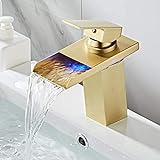 Grifo para lavabo de baño Grifos para lavabo en cascada, Grifo para lavabo de baño de oro cepillado, Grifo para lavabo de latón LED, Grifo mezclador de agua fría y caliente Grifo para lavabo (Color :