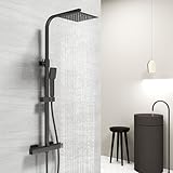Acezanble - Columna de ducha termostática, 38 °C, de acero inoxidable, con válvula mezcladora, 20 x 20 cm, cabezal de ducha cuadrado, chorro único, negro