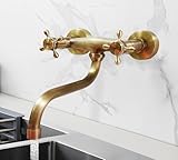 KOPYFANTAP Grifo de Pared Giratorio 360°, Vintage Grifo Cocina de Doble Interruptor, Latón Antiguo Grifo de Lavabo Pared con Agua Fría y Caliente Mezclador de Fregadero