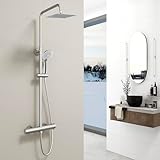 Aica Sanitarios Columna de Ducha Termostática con Barra Regulable 768-1200mm Redondo Rociador de Mano 3 Tipos de Chorro Ajustable, Cuadrada Alcachofa de Ducha, Ducha Lluvia para Baño