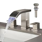 Grifos de baño, grifo de cascada de 3 agujeros, grifo generalizado, grifo de tocador de baño, grifo de lavabo de baño para 3 agujeros con luz LED con drenaje desplegable y manguera de suministro