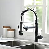 Timaco Grifo de cocina negro, giratorio en 360 °, con muelle en espiral, manguera extensible, alta presión, grifo de cocina