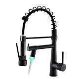 Timaco Grifo de cocina led negro, giratorio en 360 °, con muelle en espiral, manguera extensible, alta presión, grifo de cocina