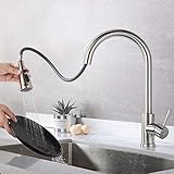KAIBOR Grifo de Cocina con Ducha Extraíble de Acero Inoxidable 304, Grifo para Fregadero con 3 Modos de Rociador, Grifo Monomando Giratorio de 360° sin Plomo, superficie cepillada